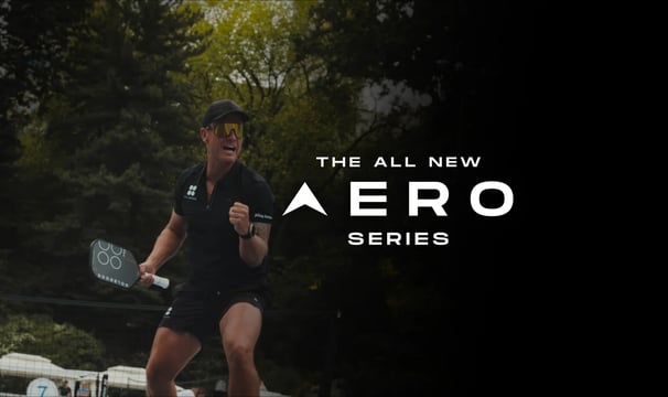 Pickleball athlete celebrating with paddle next to “The All New Aero Series” branding.