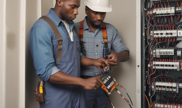 A person is working in an industrial setting, wearing a blue shirt with orange lettering on the back. There are multiple pipes and tubes connected to machinery. The room features industrial equipment like control panels with digital displays and a yellow caution sign. The walls are lined and there's a window draped with fabric.