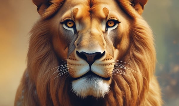 A majestic lion sits on a vast, grassy plain, its mouth open wide in a roar. The lion's mane is thick and dark, contrasting with its light brown body. In the background, rolling hills covered with patches of trees stretch into the distance under a cloudy sky.