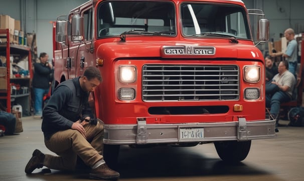 A person crouches in front of a white luxury car, examining or adjusting the license plate on the front bumper. The scene is set on a brick driveway next to a small workshop or garage. The car's grille, LED headlight, and the logo are prominently visible.