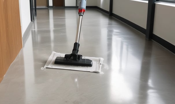 A tiled floor with visible dirt and cleaning solution being cleaned by a circular floor cleaning machine. The tiles are light brown with noticeable dirt in the grout lines. The cleaning machine has a blue and black circular head connected to a metal handle and hose.