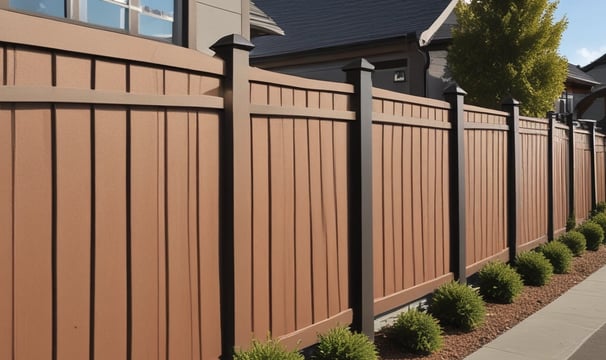 A wooden fence with vertical slats is shown against a clear blue sky. There is a birdhouse mounted on the top of the fence.