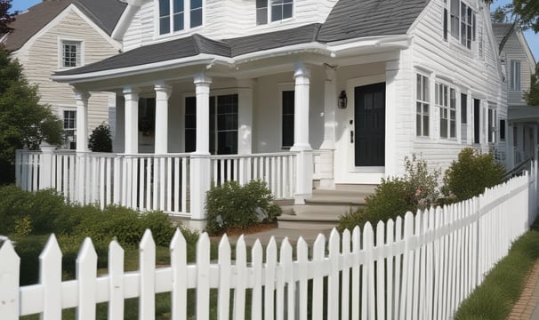 A wooden fence with a grid-like pattern is set against a backdrop of brick and greenery. The fence is weathered, with a natural, rustic appearance. In the background, brick structures and blurred foliage create a layered, textured scene.