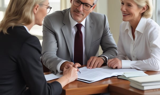 A professional consultation setting with a medical professional sitting at a desk facing a client. The room has a modern aesthetic with white walls decorated with framed certificates. The desk is organized with office supplies, a laptop, and a fruit bowl in the center.