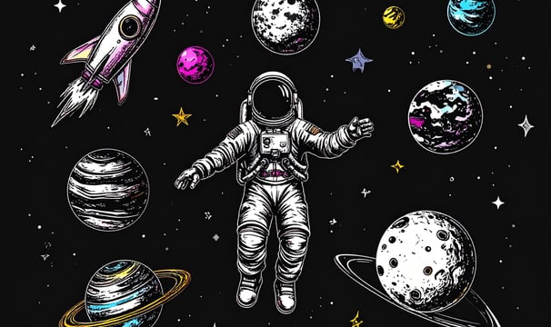 spaceman in deep space surrounded by planets, stars and rockets
