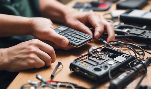 A disassembled smartphone with its internal components visible, showcasing various circuit elements such as metal connectors, screws, and a QR code on a circuit board. The background is solid black, drawing focus to the partially exposed circuitry.