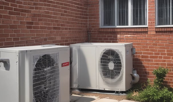 Numerous air conditioning units are densely packed on the exterior wall of a multi-story building. The image shows a very urban setting, with a grid-like arrangement of metal platforms supporting the units. Adjacent to this setup is a zigzagging metal staircase, leading to various floors of the building. The overall appearance is industrial and cluttered.