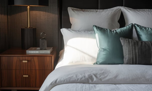 a bed with pillows and pillows on top of a bed