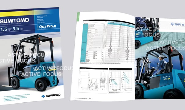 โบรชัวร์ แผ่นพับ Forklift พิมส์สีพร้อมระบุรายละเอียดและ สเปคผลิตภัณฑ์ ที่ Active Focus ได้จัดทํา