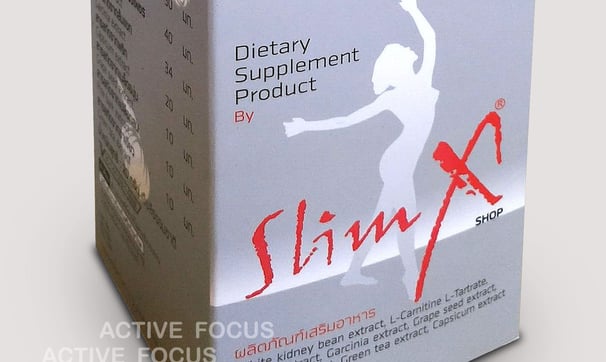 full color box of dietary supplement product slimmings with a woman's body and text printed  