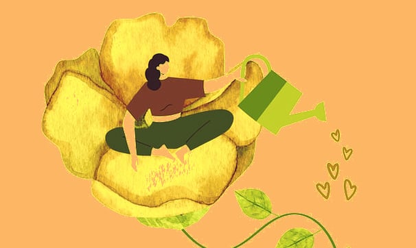 illustration, dessin  une femme assise en lotus sur un lotus en hauteur arrosant un pot de fleur, douceur, amour