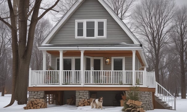 a dog sitting in front of a grey house on a snowy day in the snow