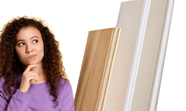 a woman in a purple shirt thinking