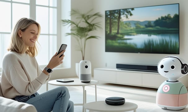 A person interacting with multiple smart devices — phone, TV, smartwatch with AI Assistant