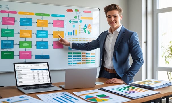 A young entrepreneur standing near a whiteboard with diagrams, laptop open, financial documents laid