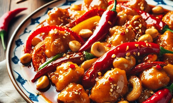 "Autentiškas Kung Pao vištienos patiekalas su traškiais riešutais ir Szechuan pipirais." "Gaminimo procesas: vištiena kepama 
