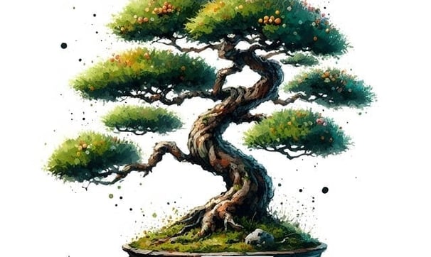 peinture d'un bonzaï sur fond blanc, art martial, culture orientale, droiture, rectitude, rigueur, naturel