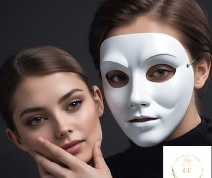 un visage de femme avec un masque blanc tenant à la main son visage sans s