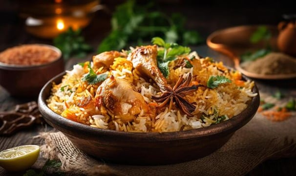 Hyderabad's famous chicken biryani - a colorful dish with saffron rice and tender chicken.