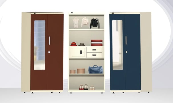 a metal wardrobe with a door open and side view of wardrobe
