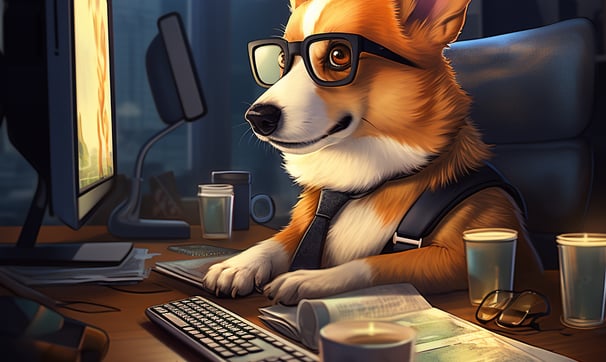 a corgi dog wearing glasses and a hat and glasses, typing at a computer