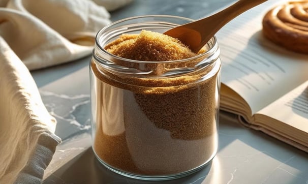 Dark brown sugar in jar with a wooden spoon