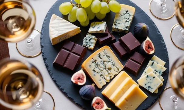 Slices of cheese with chocolate bars, figs, and green grapes.