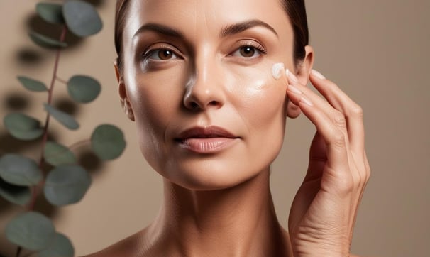 A woman applying peptides moisturizing skincare product on her face.