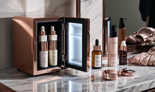 A small fridge filled with various skincare products.