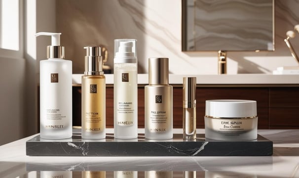 A set of skincare products, including toner, moisturizer, cleanser and eye cream.