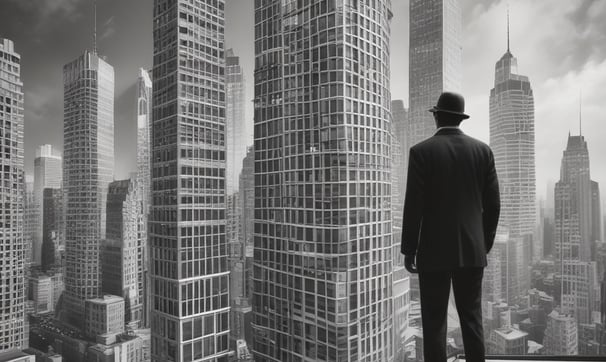 a man in a suit and hat standing on a balcony