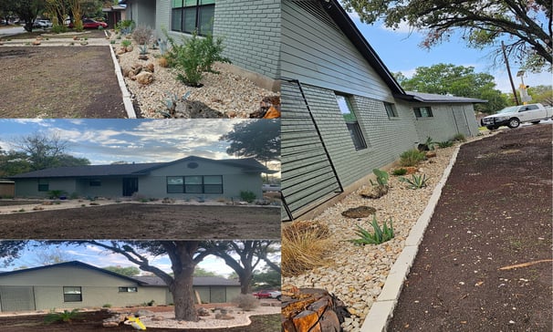 Landscaping with driveway and rock beds