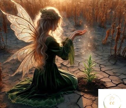 Une jeune fille avec des ailes dans le dos sur un décor féérique met de l'énergie sur une plante dans un désert, terre sèche