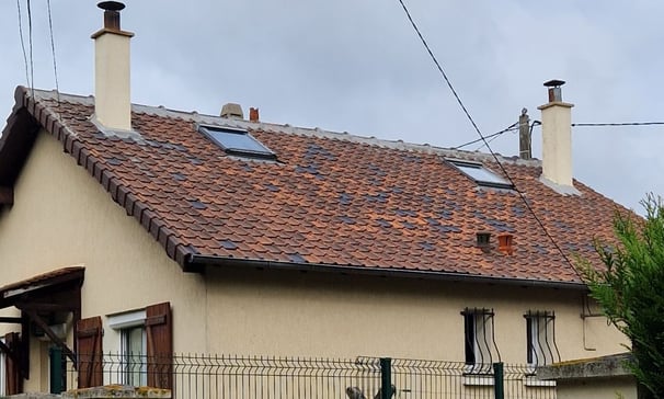 Toiture avec mousse et débris accumulés