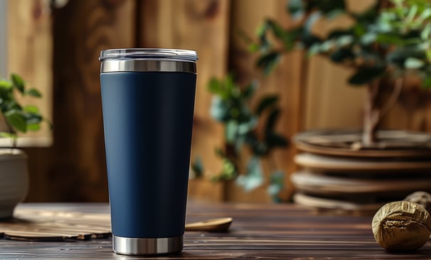 A navy blue stainless steel tumbler with a minimalist design.