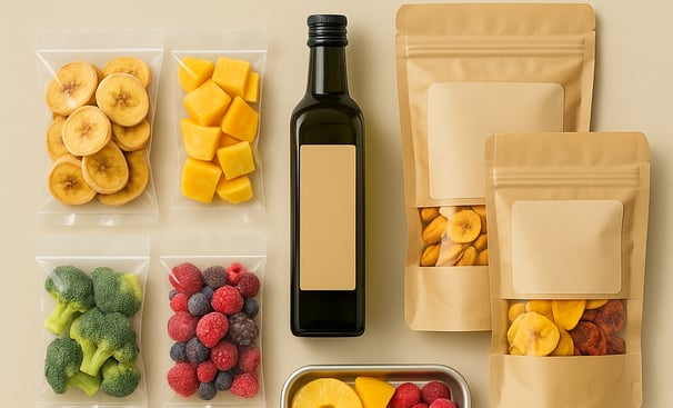 Private-label food products – dried fruits, IQF produce, and avocado oil in generic packaging – Roya