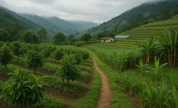 Andean valley farm with sugarcane, avocado trees, and banana plants – Royal Market bulk sourcing ori