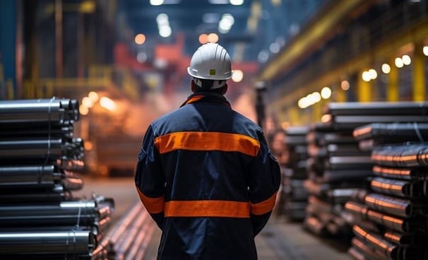 a man in a hard hat and safety vest standing in a warehouse