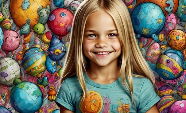 Portrait photo transformed into a comic painting of  a young girl with blonde hair and a blue shirt