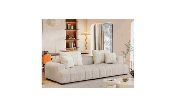 odern Sofa Couch with 4 Pillows, Comfortable Corduroy Fabric Living Room Sofa with Rubber Wood Legs 