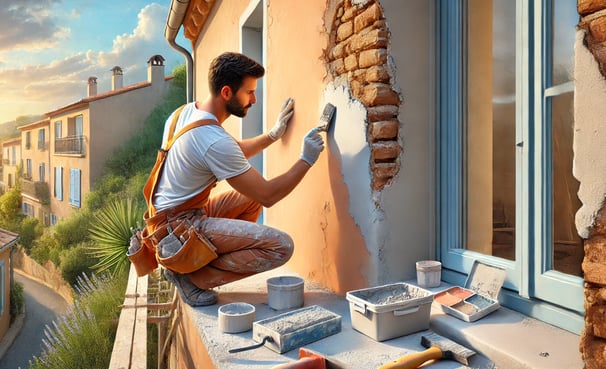 Façadier appliquant un enduit frais sur une façade, entouré d'outils de ravalement