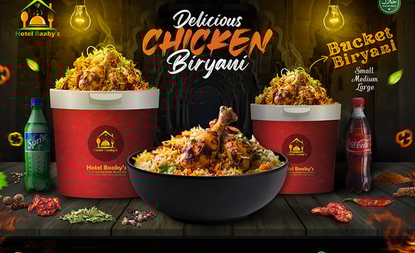 Social media poster showcasing a steaming bowl of biryani garnished with herbs and fried onions