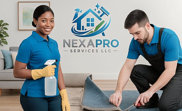 NexaPro team showcasing cleaning and renovation services with company logo in background