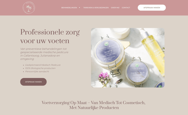 Homepage van de website Medisch Pedicure Grote Berg met focus op professionele voetverzorging, inclusief biologisch producten