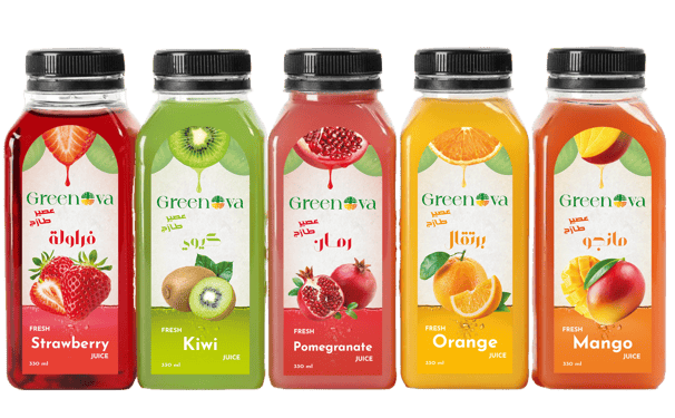 Greenova juice a variety of juices in a variety of colors