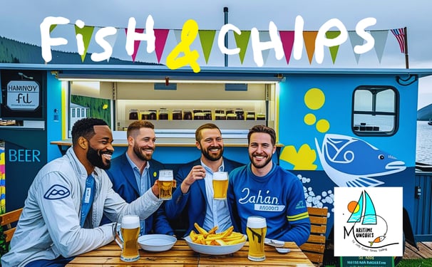a group of men sitting at a table with drinks eating fish and chips in Hamnøy in Lofoten