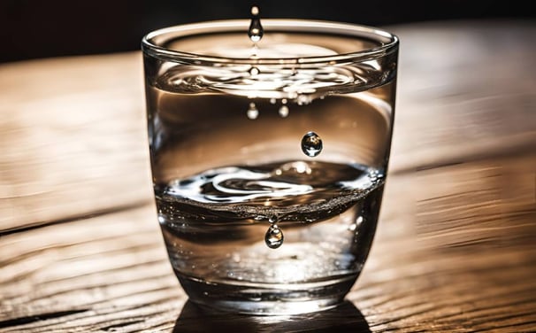 primo piano di un bicchiere d'acqua appoggiato su un tavolo di legno