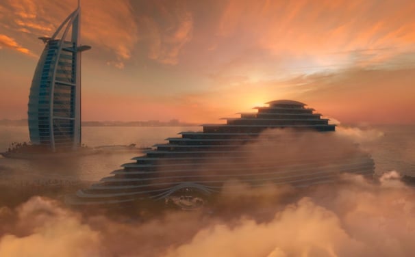 Futuristic architectural hotel design against a dramatic sunset.