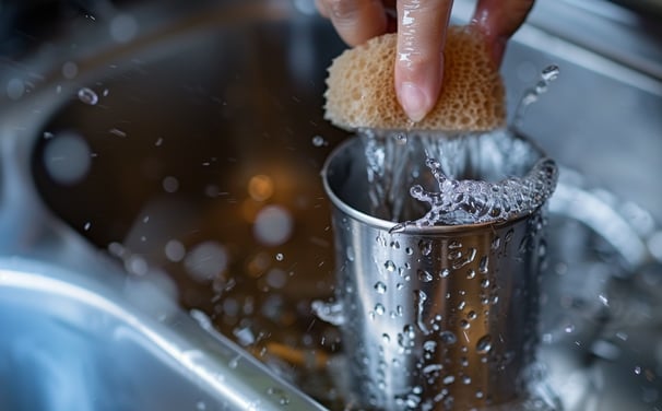 Gently washing tumbler with sponge and mild soap.