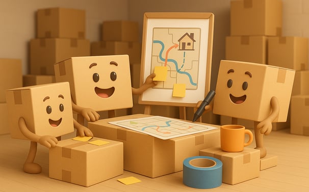 Illustration 3D de cartons animés planifiant un itinéraire de déménagement sur une carte, dans un entrepôt rempli de boîtes,